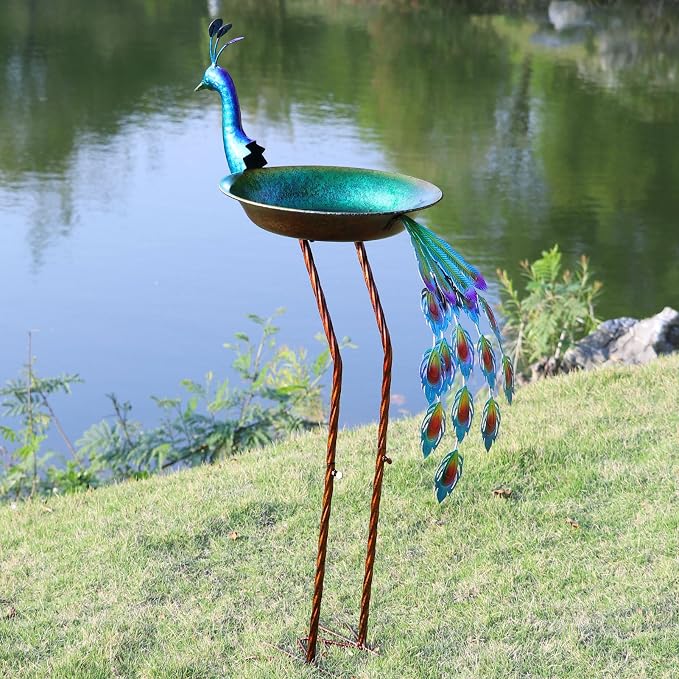 36" H Peacock Bird Baths for Outdoor, Metal Bird Feeder Seed Trayr,Outdoor Bird Bath,Garden Lawn Yard Decor