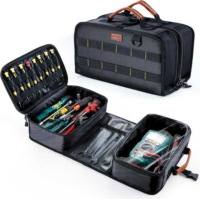 Heavy Duty Tool Bag Organizer with Clear Lid Compartments for Electrician, Portable Tool Organizer Case for Multimeter, Diagnostic & HVAC Repair Tools, Roll Up Tool Bag Organizer