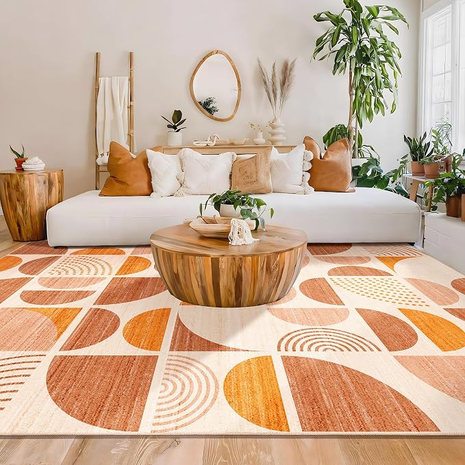 9x12 Area Rugs,Washable Rug Non Slip Modern Abstract Boho Large | Throw Carpet for Living Room Bedroom Dining Room Soft Low Pile Floor Indoor Bohemian Orange