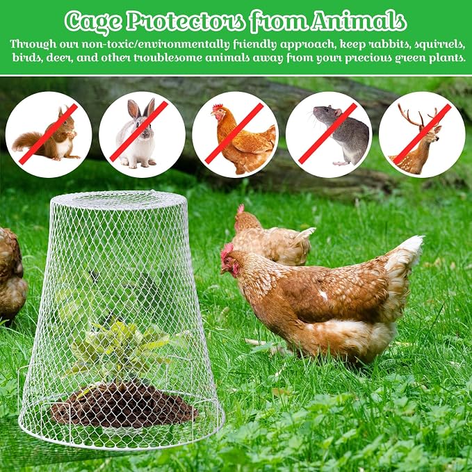 Therwen 15 Pcs Large Plant Wire Cloche 11 x 12 Inch Metal Garden Cloche with Garden Stakes Plant Protector from Animals for Keeping Bunnies Chicken Squirrels Birds (White)
