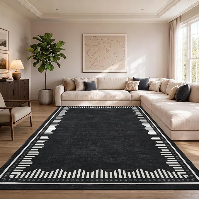 Garvee 8x10 Washable Living Room Area Rug Scalloped Neutral Non Slip Rugs | Modern Geometric Solid Color Bedroom Dining Room Throw Carpet Low Pile Stain Resistant Nursery Home Office Area Rugs
