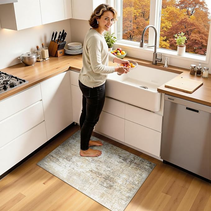 RELEANY Washable 2'x3' Abstract Area Rug for Living Room Neutral Brown | Carpet for Bedroom, Kitchen, Office, Hallway and Entryway, Printed Pattern, Non‑Slip, Soft, Stain‑Resistant, Easy to Clean