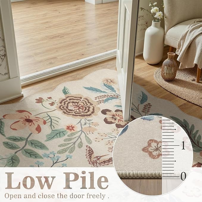 DCX Vintage Floral Washable Area Rug 3x5, Non Slip Low Pile Rug, Beige | Rugs for bedroom, living room, dining room, office, soft, kid & pet friendly, sain resistant indoor carpet, home decor