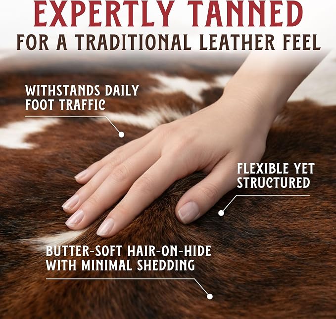 HIDES BAZAAR Brown Brindle Cowhide Rug 6x7 ft, Real Hair on Hide Area Rug | Brown, black and white brindle stripes. Genuine hair on hide tanned soft, cow skin rug that fits ranch to modern decor