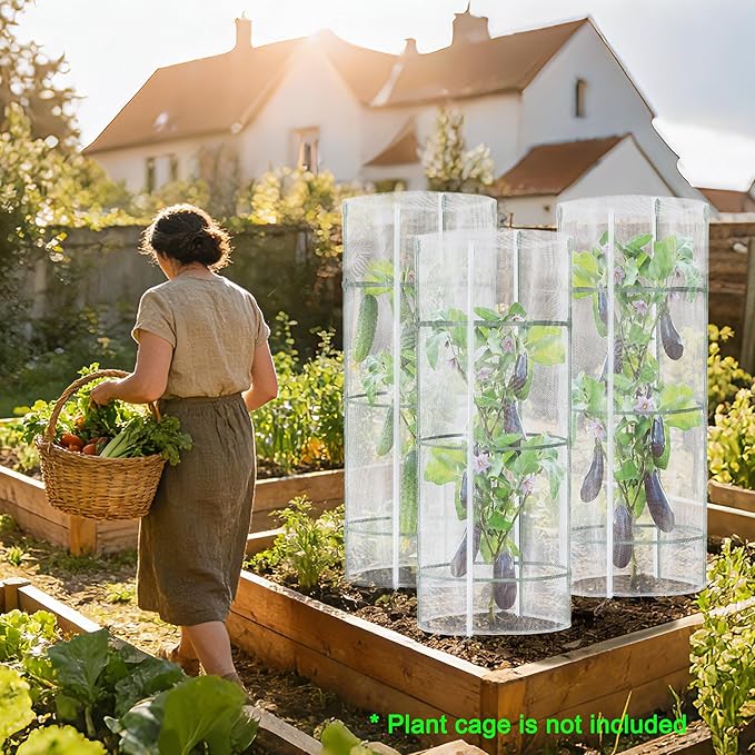 3PCS Garden Netting for Tomato Plants, 57" x 15.7" Round Tomato Cage Bird Netting Plant Cover Insect Barrier Mesh with Zipper, Tomato Trellis Garden Protection Net Cover for Climbing Plants Vegetables