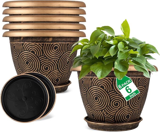 Fodetyff 6 Inch Flower Pots Planters for Indoor Outdoor Plants, 6 Pack Plastic Small Plant Pots with Drainage Hole & Tray, Modern Decorative Garden Pot with Saucer, Plant Container for House