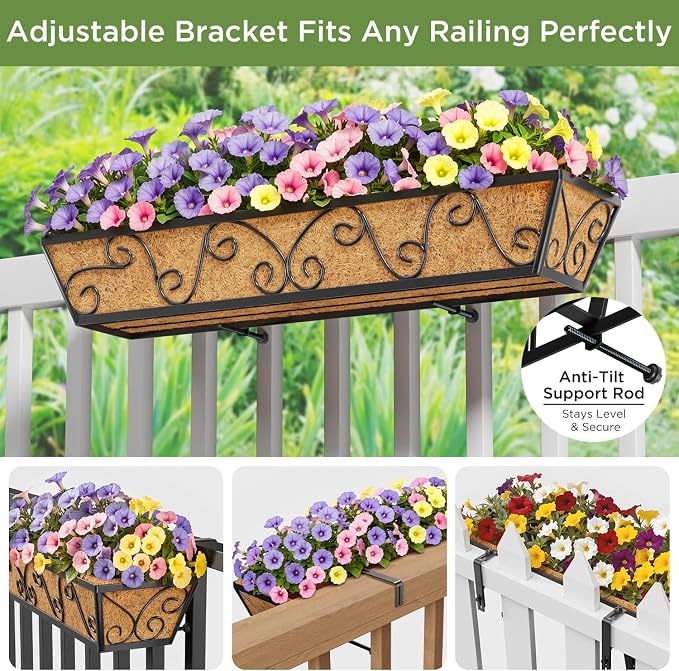 6PCS 30 Inch Railing Planter with Adjustable Brackets, Window Box with Coco Liner, Hanging Flower Box for Balcony Deck Fence, Metal, Black