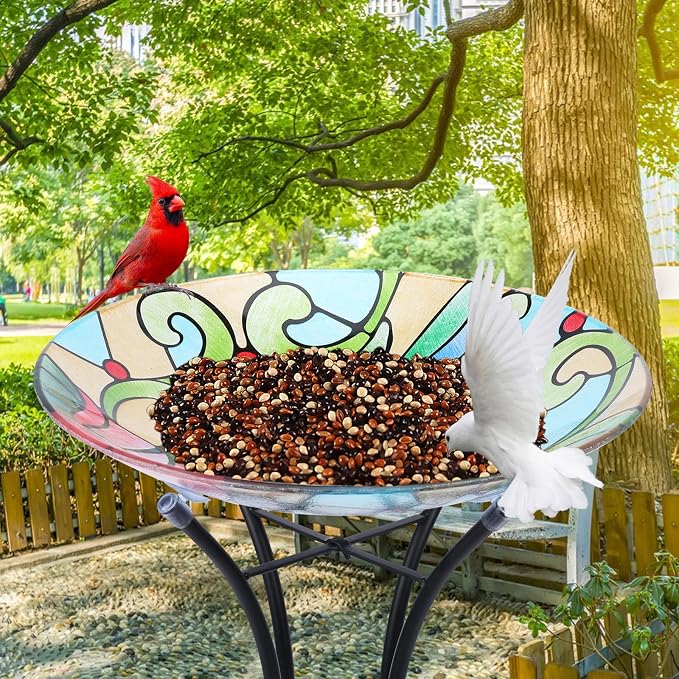 MUMTOP Bird Bath-Bird Baths for Outdoors - Hummingbird Large Bird Bath Bowl with Metal Stand, Glass BirdBaths for the Garden Lawn Yard Decor