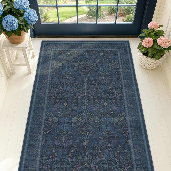 3x5 Large Entryway Rugs, Non Slip Washable Area Rug for Kitchen, Bedroom, Laundry, Navy Low Pile Stain Resistant Flower Victorian Indoor Carpet (Dark Blue)