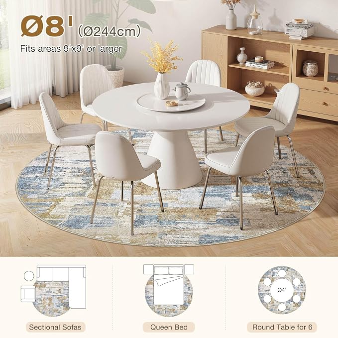 kakania Abstract 8x8 Round Rugs for Living Room: Circle Rugs 8FT Blue | Washable, Soft, Non-Slip, Low-Pile, Pet & Kid Friendly - Large Modern Home Decor Carpet for Bedroom/Dining Room/Nursery