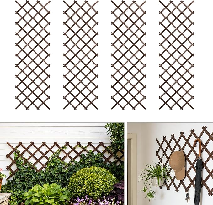 Expandable Wooden Lattice Panels Outdoor Garden Fence Trellis for Climbing Plants Roses Vines Cucumbers Weather Resistant Decorative Wood Privacy Fence (4, 38''x 89'')