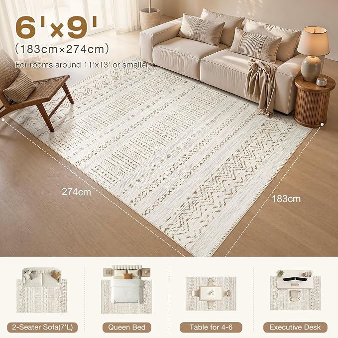 cotiled 6x9 Area Rugs for Living Room: Boho Washable Rug for Dining Room | Stain Resistan Indoor Soft Carpet for Bedroom Nursery Brown Cream