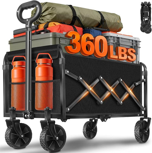 Wagons Carts Foldable - Portable Folding Collapsible Wagons with Wheels - Heavy Duty Utility Carts for Groceries, Shopping, Camping, Sports, Garden，Beach - Black