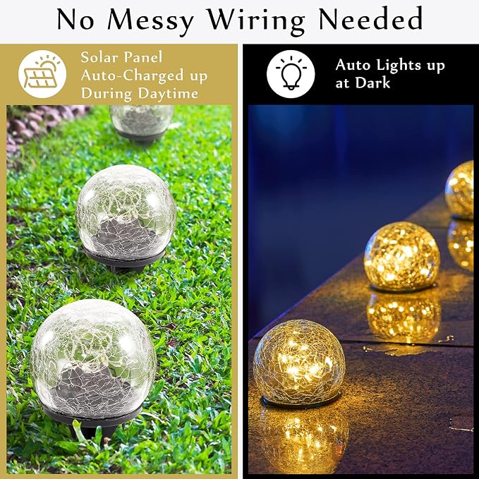 Honoson 3.9 Inch Solar Globe Lights Outdoor - Waterproof Cracked Glass Balls for Lawn Patio Yard Backyard Decorations, Warm Yellow Solar LED Lights with Easy Installation,Durable Design (6 Pcs)