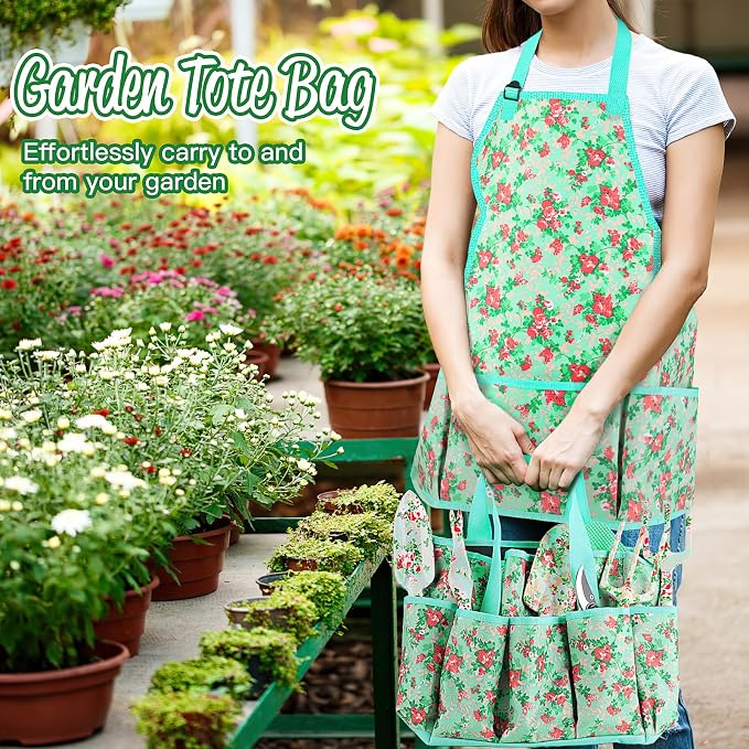 Garden Tools Set, JUMPHIGH 10 PCS Heavy Duty Gardening Tools Includes Hand Trowel Rake Weeder Pruner, Gardening Gifts for Women, Garden Kit with Tote Bag, Apron, Gloves, Kneeling Pad
