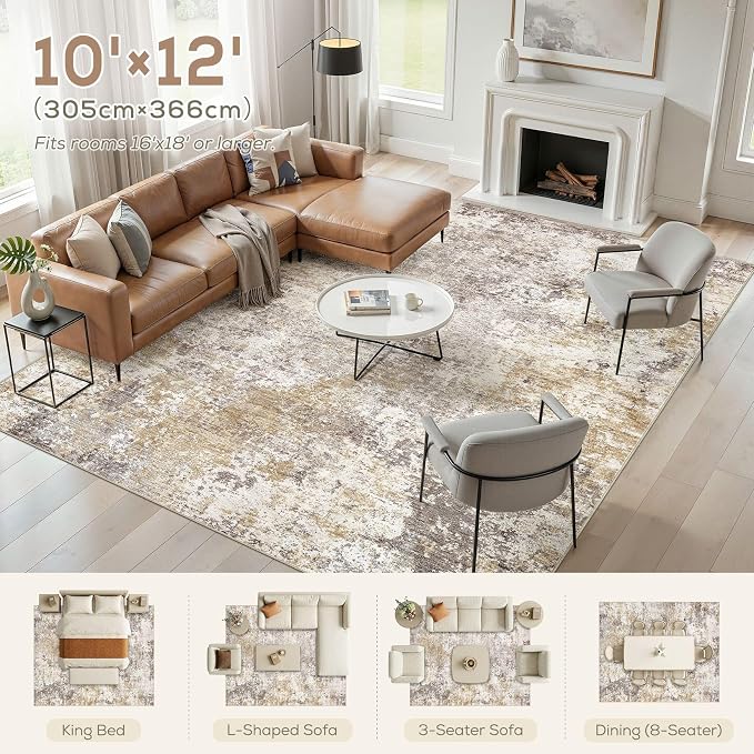 Nakagishi 10X12 Abstract Washable Area Rugs for Living Room-Golden Brown | Modern Non-Slip Silicone Backing Low Pile Soft Carpet for Bedroom Dining Decor for Families with Kids and Pets