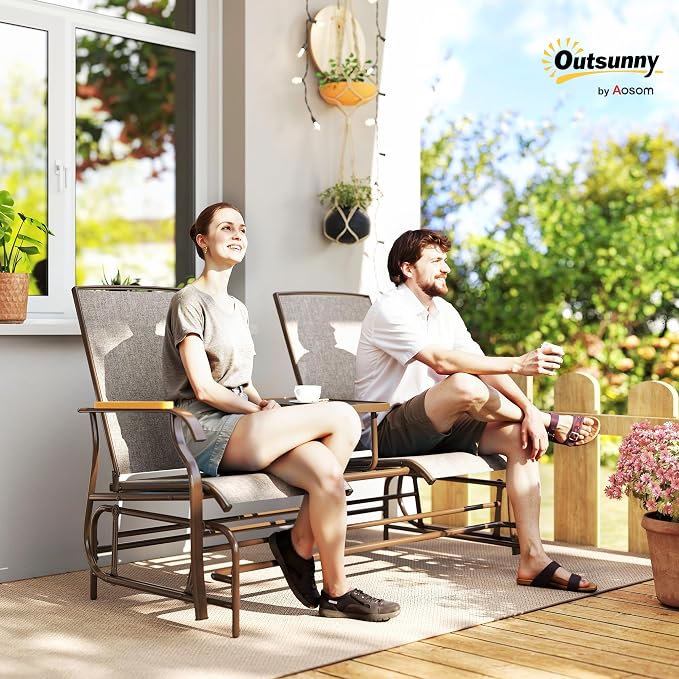 Outsunny 2 Person Outdoor Glider Bench, Patio Swing Glider Chair Loveseat with Breathable Mesh, Table, Steel Frame for Garden, Backyard, Porch, Light Mixed Brown