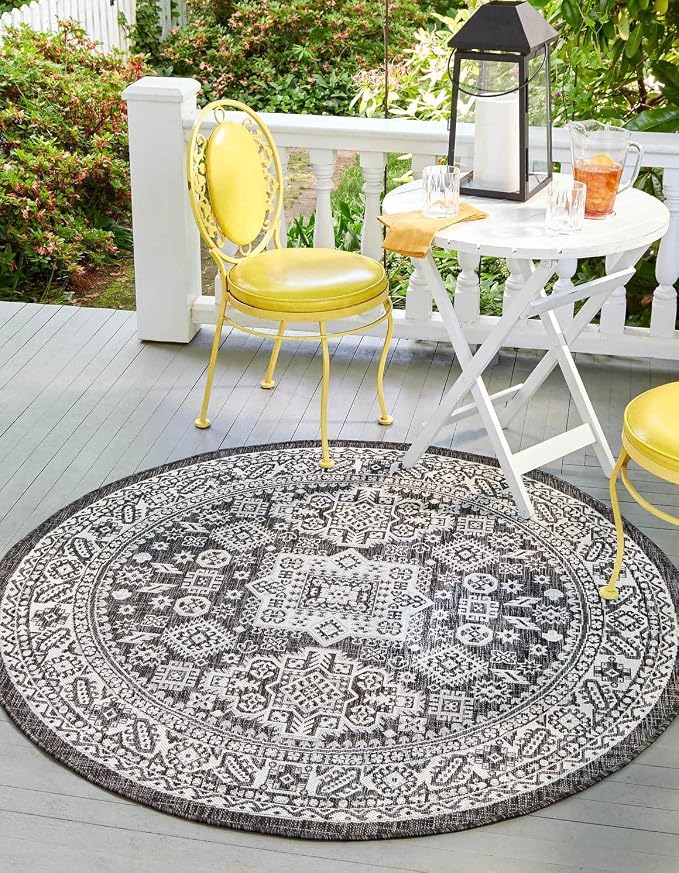 Unique Loom Outdoor Aztec Collection Area Rug - Chalca (13' Round, Charcoal Gray/ Ivory)