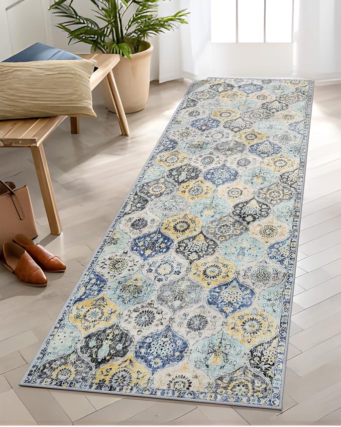 Lahome Moroccan Washable Hallway Runner, 2'5''x8' Kitchen Runner Non Slip | Ultra-Thin Oriental Laundry Room Rug Carpet for Entryway Bedroom Bathroom Elise, Yellow/Aqua