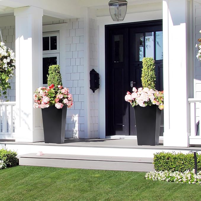 Garvee 22.5" Tall Planters Set of 2, Outdoor＆Indoor Black Planter Pots, High Front Porch Planter Pots with Drainage Holes＆Water Level Monitor＆Inner Bucket,Black