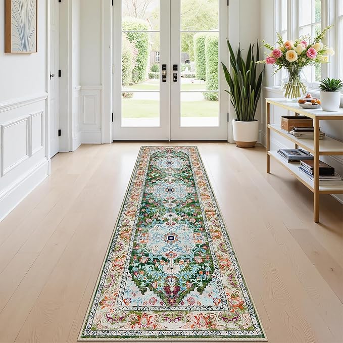 U'Artlines 2'x7' Boho Hallway Runner Rug Non Slip Washable Runners,Green | Vintage Farmhouse Kitchen Rug Accent Area Carpet for Entryway Laundry and Living Room