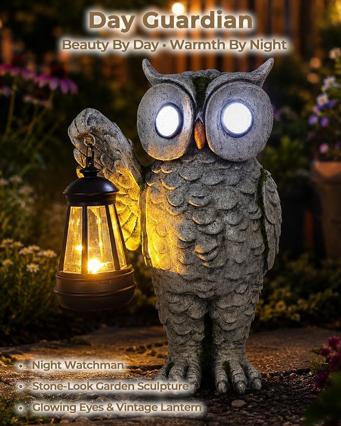 Solar Owl Statue Outdoor Decor | Stone-Look Resin Owl Garden Sculpture with Glowing Eyes & Hanging Lantern | Realistic Weathered Finish for Patio, Lawn, Porch, Flower Bed | Gardening Gift