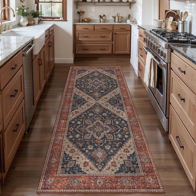 Tangsoo 2x5 Washable Runner Rugs for Hallway, Vintage Non Slip Rug Runner | Oriental Soft Low Pile Rug Runner, Farmouse Carpet Runners for Entryway Kitchen Bedroom Bathroom Living Room Dark Blue/Orange
