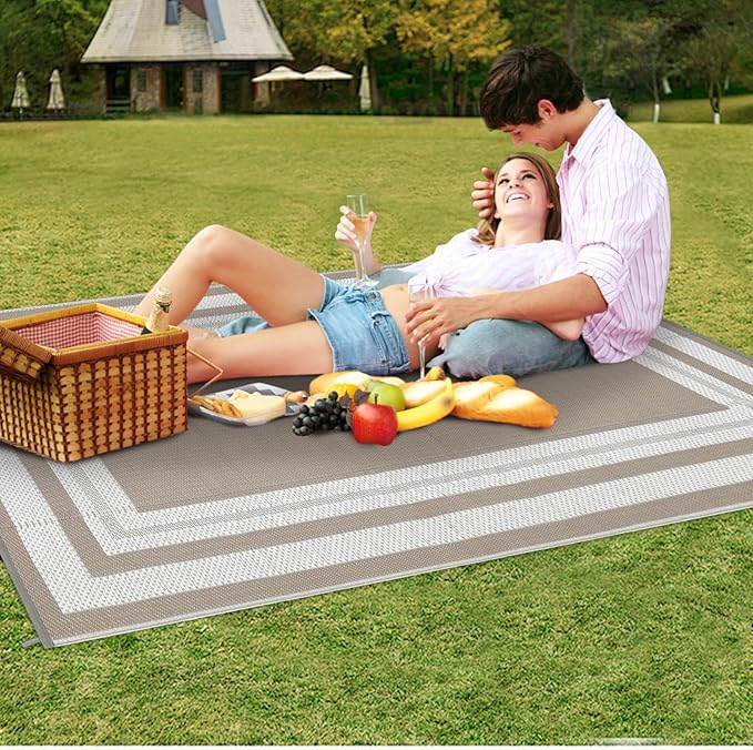 Garvee Outdoor Rug 9x18 Outdoor Patio Rug Reversible Plastic Straw Rugs Waterproof Foldable Mat Easy Clean Lightweight Carpet for Backyard Camping Porch RV Beach Balcony Deck Picnic Panel Grey Brown