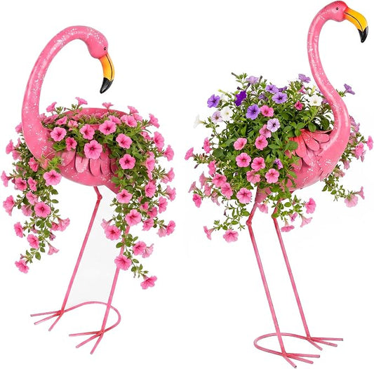 Set of 2 Flamingo Planters, Pink Metal Standing Flamingo Flower Pots with Drain Hole, Indoor Outdoor Decorative Planters for Lawn Garden Patio Yard