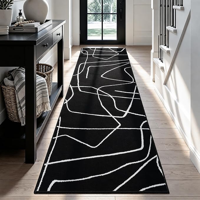 2x6 Washable Modern Black White Kitchen Runner Rug | Ultra-Thin Low Pile, Non-Slip TPE Backing, Soft Stain Resistant, Machine Washable, for Bedroom Livingroom High Traffic