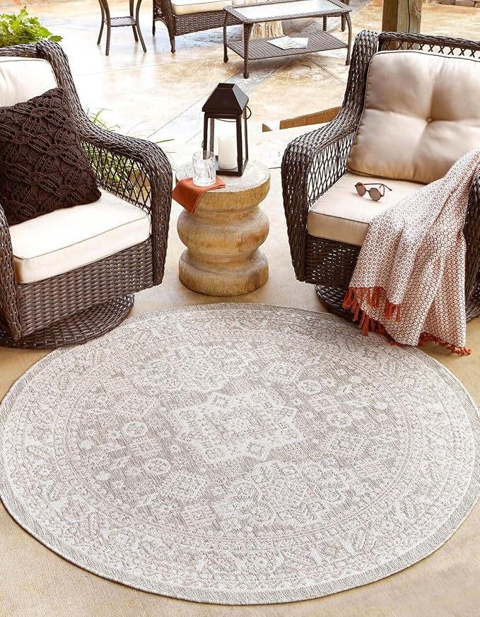 Unique Loom Outdoor Aztec Collection Area Rug - Chalca (7' 10" Round, Light Gray/ Ivory)
