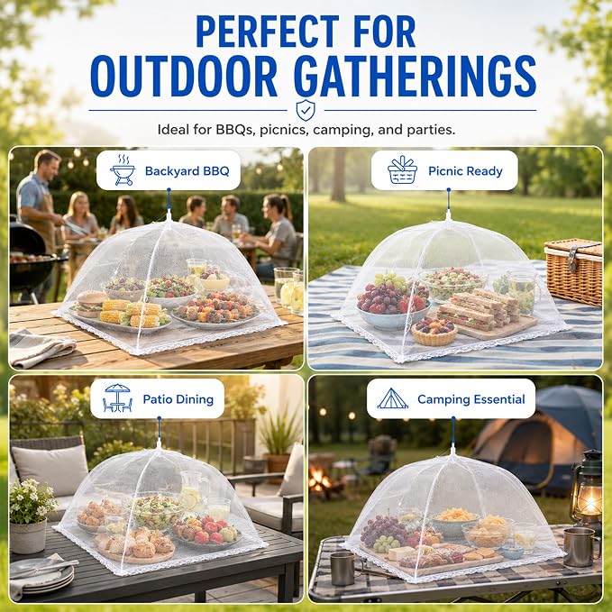 Simply Genius Pop-Up Mesh Food Covers for Outdoors - 6 Pack Extra Large 39" x 24", White, Collapsible & Reusable - Buffet Food Covers & Bug-Net Tent for Picnic, Party & Camping