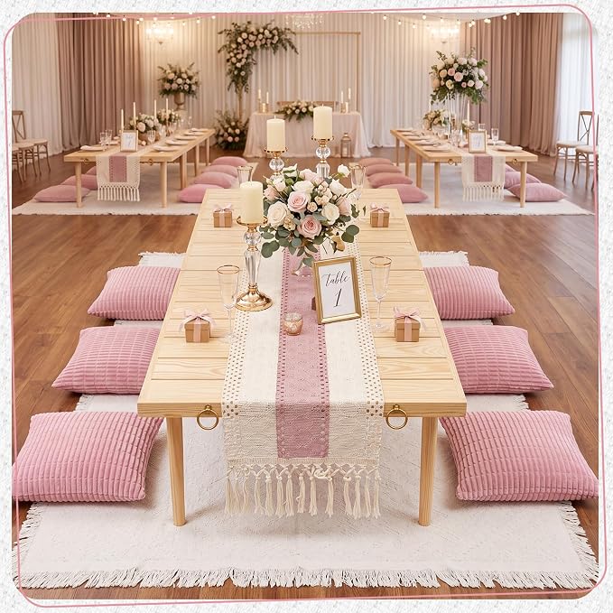 Beeveer 8 Pcs Light Pink Picnic Kit Extra Large Outdoor Boho Picnic Blanket 91x71'', Low Table Runner, 6 Throw Pillow Covers, Woven Cotton Yarn Oversize Washable Beach Blanket for Camp Wedding Garden
