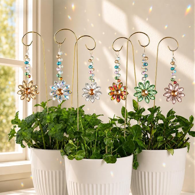 H&D HYALINE & DORA 6 Pcs Colorful Crystal Sunflower Suncatcher Plant Stake Plant Stake with Golden Small Trellis Indoor Outdoor Garden Sun Catchers Decor