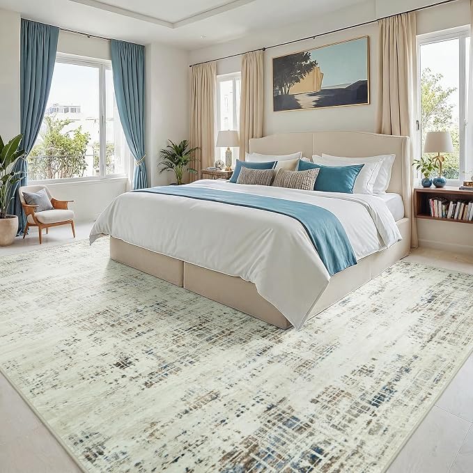 10x14 Washable Area Rug for Living Room Bedroom: Non-Slip Modern Gray White | Machine Washable TPR Backing, Stain-Resistant Low Pile, Pet & Kid Friendly, Abstract Decor for Dining Room, Dorm, Home Office