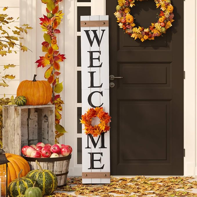 Glitzhome 60”H Welcome Sign with 4 Interchangeable Floral Wreaths for Front Door Porch Farmhouse Wooden Hanging Wall Sign for Seasons Spring Fall Harvest Thanksgiving Christmas