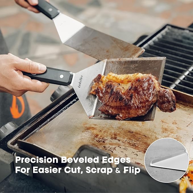 onlyfire BBQ Spatula Set for Camping/Backyard BBQ - Heavy Duty Stainless Steel Griddle Accessories Kit with Enlarged Spatula, Scraper and Long Spatula - Set of 3