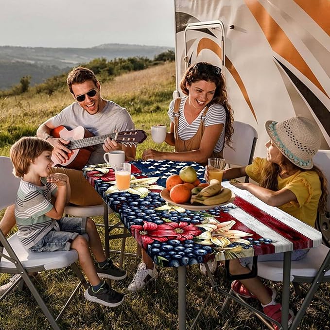American Flag Fitted Picnic Table Cover with Bench Covers Waterproof Elastic Edges Rectangle Patio Tablecloth Outdoor Camping Rv Accessories Summer Trip Travel Supplies Party Camper Gifts, 5 ft