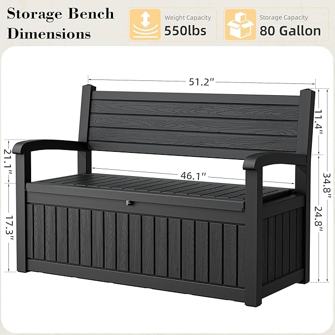 80 Gallon Outdoor Storage Box Waterproof, Storage Outdoor Porch Bench Doubles as 2-Person Bench Seat, Resin Stripes Deck Box for Cushions, Garden Tools and Pool Supplies Black