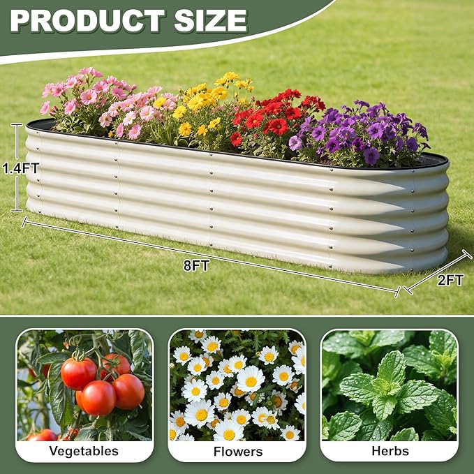 1MORE Galvanized Raised Garden Bed- Planter Garden Boxes Outdoor, Raised Beds for Gardening,Metal Garden Bed Kit for Vegetables Flower, Planter Raised Beds.8x2x1.4ft White-2pcs