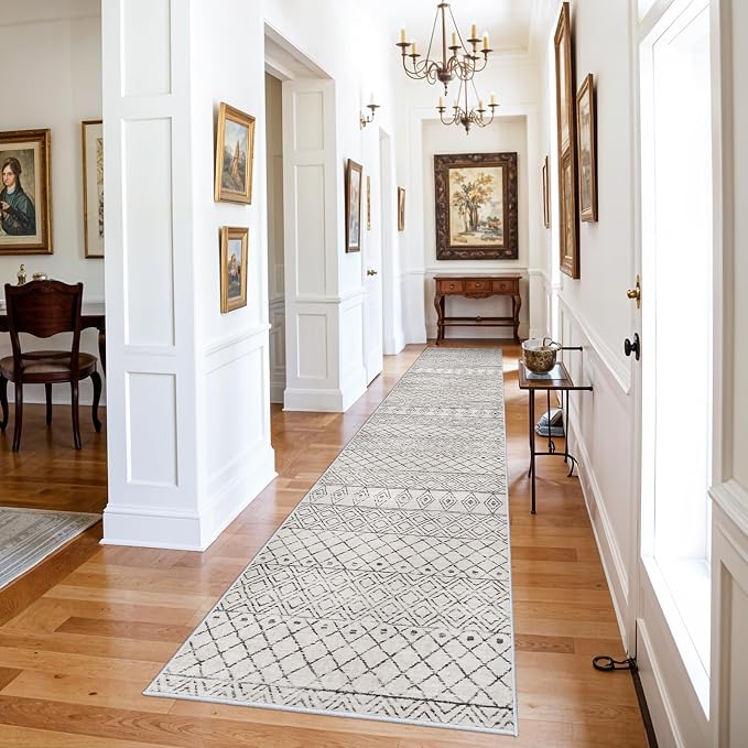Washable 3x16 Long Hallway Runner:Non Slip Rug Geometric Grey | Low Pile Rug with Rubber Backing Floor Mat Moroccan Boho Indoor Carpet for Kitchen Bedroom Entryway