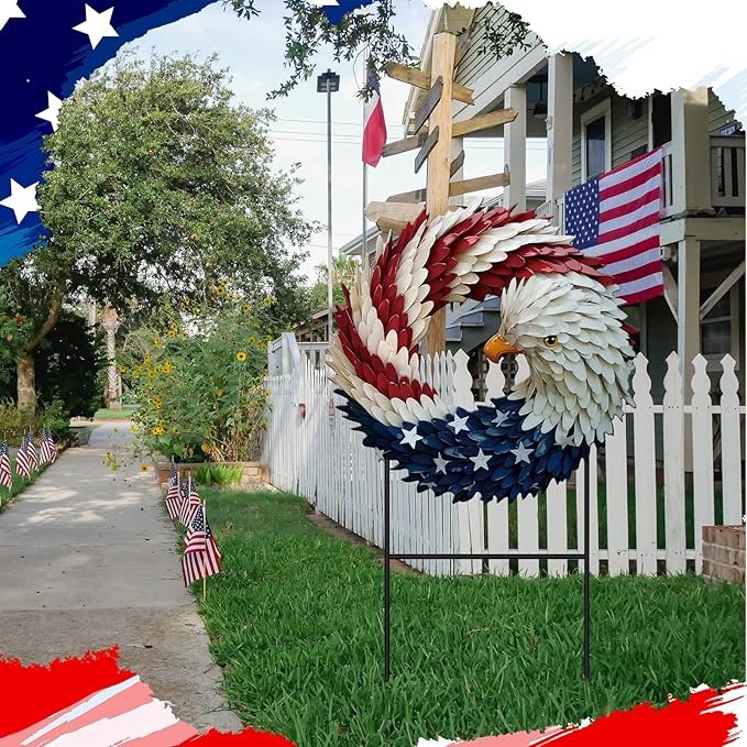Amyhill 4th of July Decorations for Outdoor, Patriotic Eagle Metal Garden Stake, 250th Anniversary Red White Blue Yard Sign, Independence Day Memorial Day Decor for Lawn, Patio, Walkway, and Outside