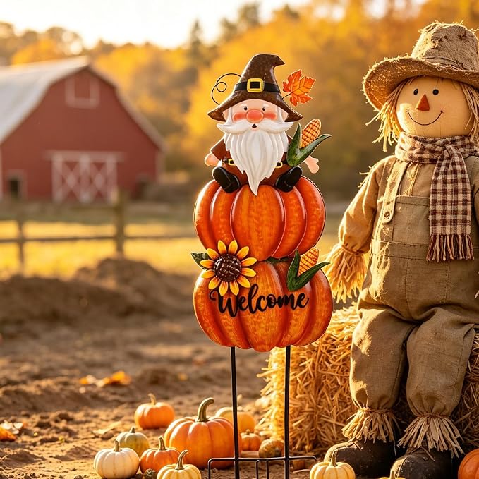 Fall Gnome Yard Stakes Large 39.3inch for Thanksgiving Decor | Metal Pumpkins for Outdoors Garden Patio Autumn Harvest Outdoor Decor