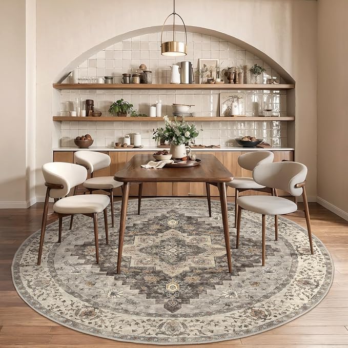 Tangsoo Washable Round Area Rugs 6ft, Vintage Non Slip Large Circle Rug | Farmhouse Soft Low Pile Circular Rugs, Boho Large Round Rugs Carpet for Living Room Bedroom Nursery Office Grey Home Decor