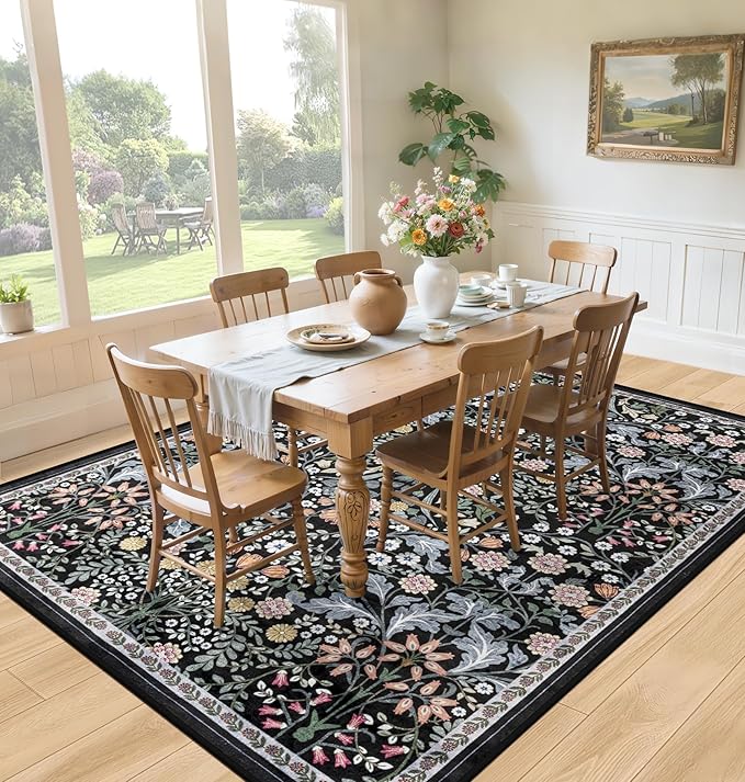 PLHXFR Area Rug Living Room: 5x7 Floral Washable Boho Carpet Dark Black | For Bedroom Dining Room Farmhouse Nursery Hallway,Vintage Floral,Machine washable,Non Slip,Stain Resistant,Large Indoor