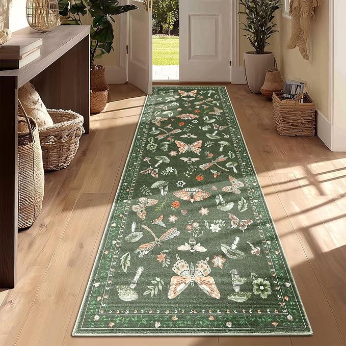 Mushroom 2x6 Runner Rug for Hallway Washable Kitchen Rugs Non Slip Low-Pile Whimsical Cottage Core Insect Bug Butterfly Funky Decor for Entryway Bathroom Bedroom Olive Green