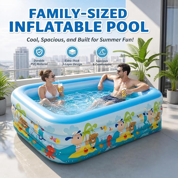 Heavy Duty 4-Ring Inflatable Family Pool 82x53x26 Inches Blow Up Swimming Pool for Backyard Garden Summer Water Party