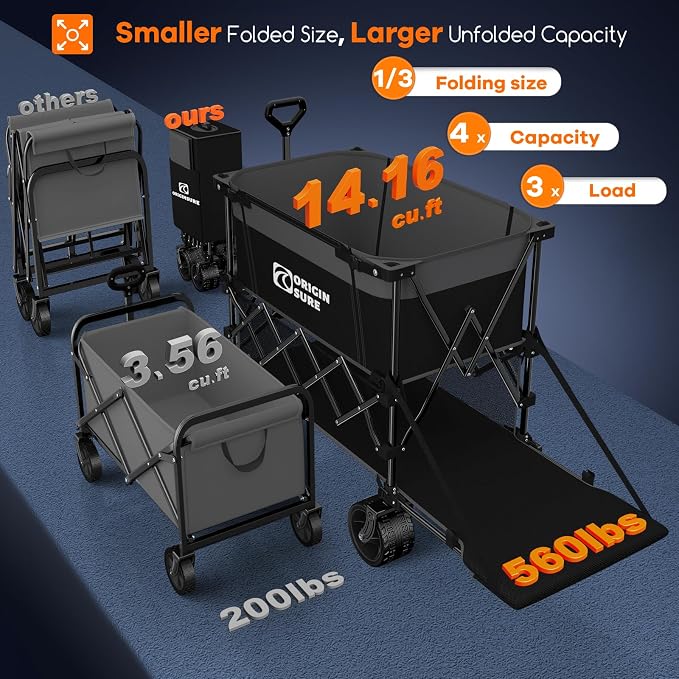 Originsure 400L Double Decker Wagon Collapsible with 54" L Tailgate, 560lbs Heavy Duty Carts Foldable, Extra Large Folding Beach Wagon with Big All-Terrain Wheels for Camping, Sports, Grey&Black