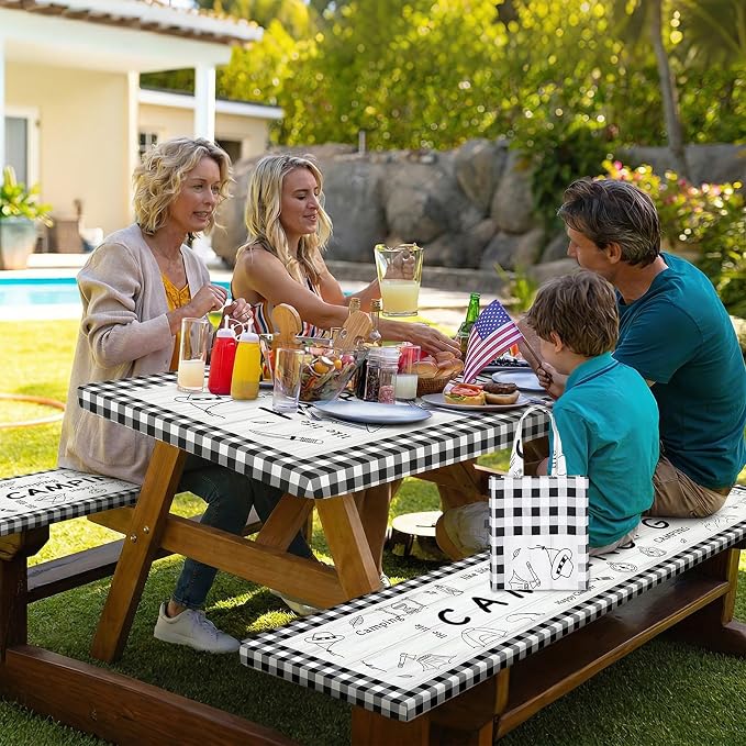 Picnic Table Cover with Bench Covers Elastic Edges Outdoor Camping Essentials 4 Pcs Plaid Waterproof Oil-Proof Tablecloth with Handbag for RV Accessories Farmhouse Camping Rustic Party Decor 72 IN