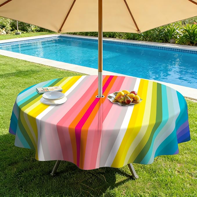 Mexico Strip Round Outdoor Tablecloth with Umbrella Hole 60" x 60" Waterproof Zipper Table Cloth for Patio Table - Ideal Tablecloths for Picnics, Camping, and Yard Use